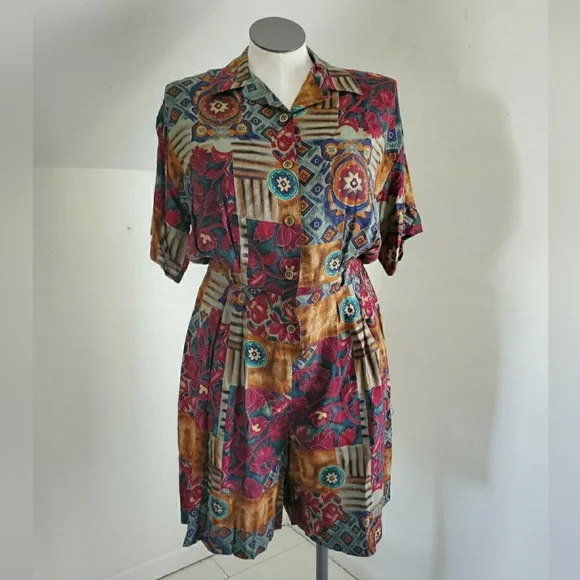 80s 90s Vintage Colorful Patchwork Pattern Romper size L-XL - Picture 1 of 6